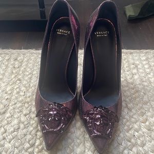 Versace metallic deep plum heels.